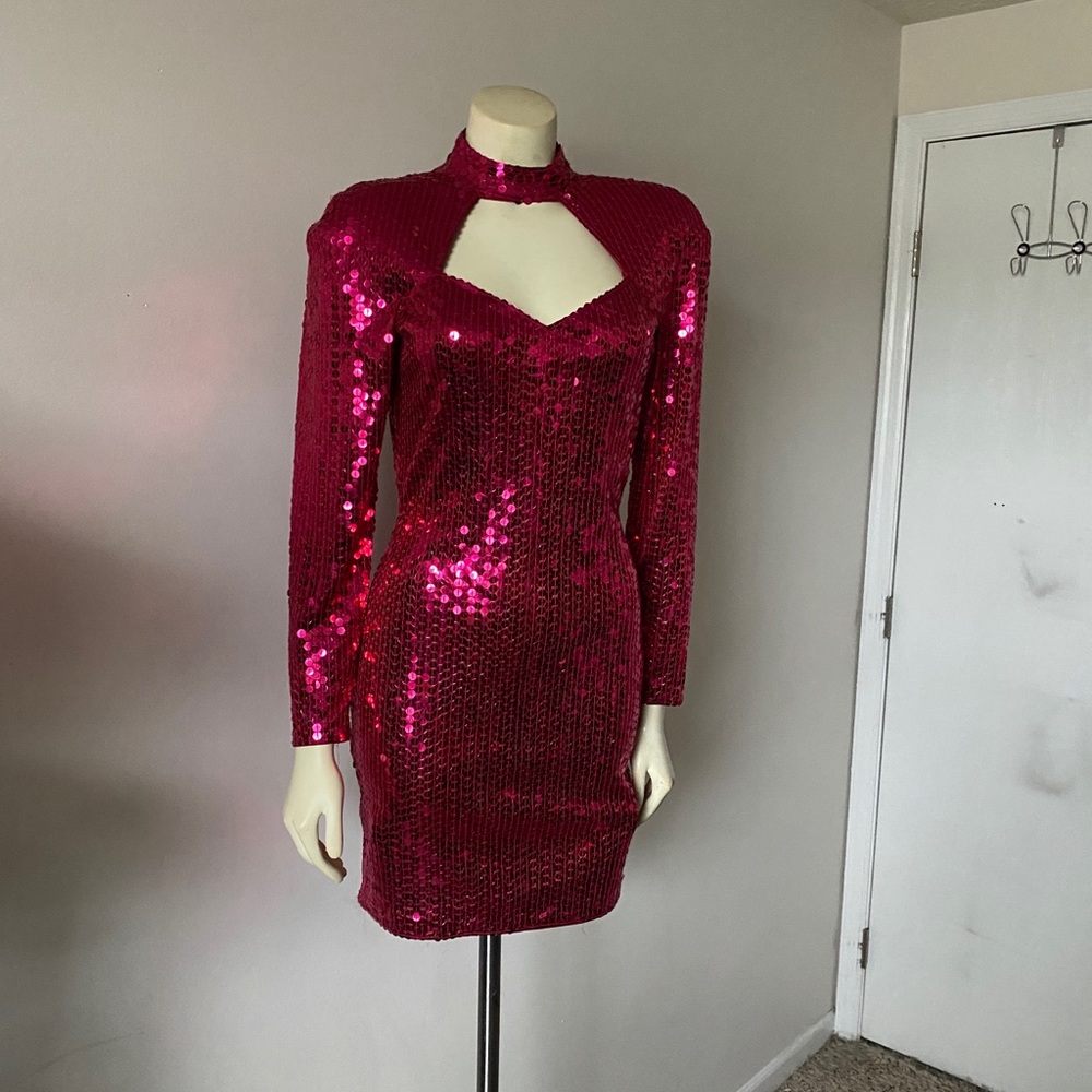 Vintage 90’s Pink Fuchsia Sequin Mini Dress XS - Picture 2 of 5
